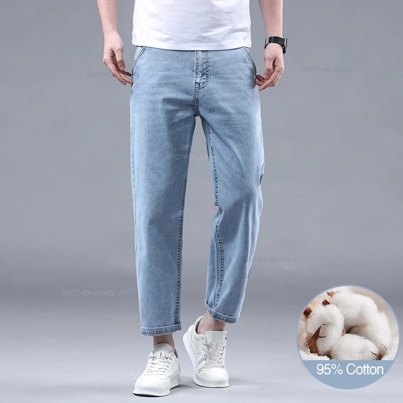 New Summer 95% Cotton Straight Thin Jeans for Men Classic Style Stretch Soft Fabric Light Blue Denim Ankle-Length Pants Male