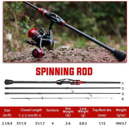 Sougayilang Casting Spinning Fishing Rod 2.1m UltraLight Carbon Fiber Rod Pole 4 Section with EVA Handle 0.8-5g Lure Weight