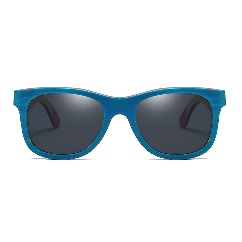 GM Skateboard Wooden Sunglasses Blue Frame With Coating Mirrored Bamboo Sunglasses UV 400 Protection Lenses in W033