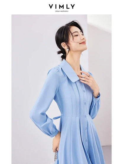 Vimly Cotton 100% Women's Blue Button Up Shirt Dresses Autumn Fashion A-line Lapel Long Sleeve Elegant Midi Dress M2917