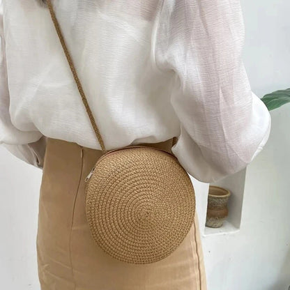 Minimalist Straw Bag Round Crossbody Purse Women Shoulder Vocation Style Handbag