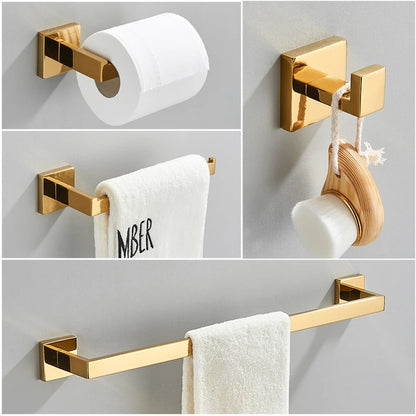 Senlesen Golden Bathroom Accessories Sets 4pcs Wall Mount Towel Bar Robe Hooks Toilet Paper Roll Holder Stainless Steel Hardware