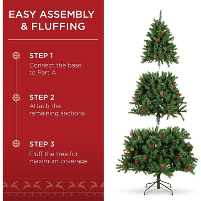 6-foot pre illuminated spruce hinge artificial Christmas tree with 798 tips, pine cones, berries, 250 lights, metal base