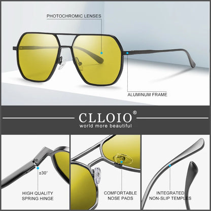 CLLOIO Anti-glare Day Night Vision Glasses Men Women Polarized Driving Sun Glasses Square Aluminum Photochromic Sunglasses UV400