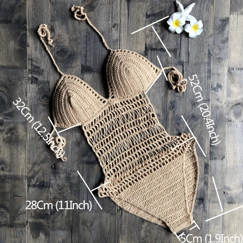 Sexy Hollow Out Cotton Crochet Swimwear, Women One Piece Swimsuit, Female Halter Knit Bodysuits Monokini Beach Bathing Suit