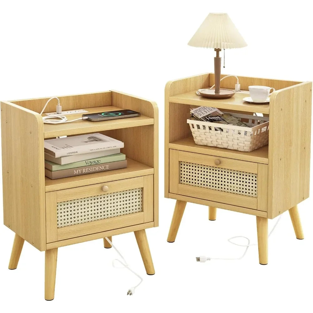 Nightstands Set of 1 with Charging Staion, Night Stand with Rattan Decor Drawer, Open Storage Side Table Bedside Table