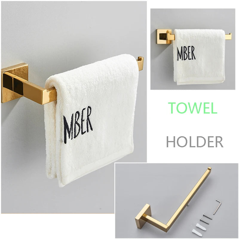 Senlesen Golden Bathroom Accessories Sets 4pcs Wall Mount Towel Bar Robe Hooks Toilet Paper Roll Holder Stainless Steel Hardware