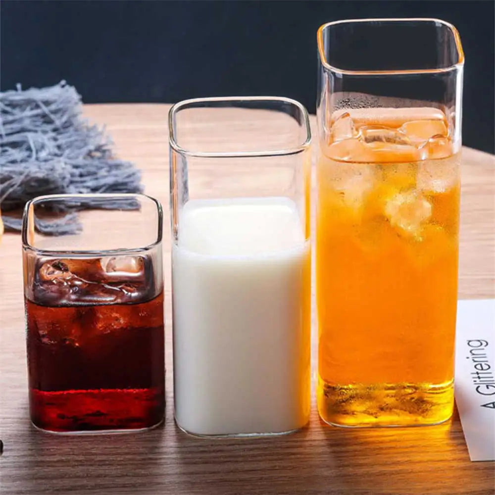 Square Glass Cup Coffee Mug Heat-Resistant Water Cups Wine Glass Transparent Tea Mug Cup for Drinking Milk Beertea Juice Dessert