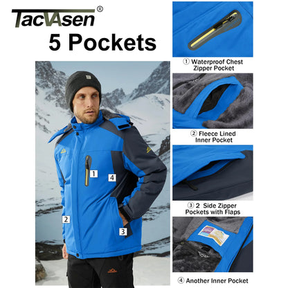 TACVASEN Winter Fleece Lining Parka Waterproof Mens Ski Snowboard Jackets Windproof Removable Hoodie Coats Casual Windbreaker