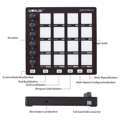 MIDI Controller Mini Controller Pad USB Backlit Drum Pads Beat Maker Machine 6Assignable Knobs Note Repeat Full Level Buttons