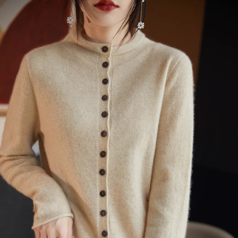 Autumn Winter 100% Wool Thicken Shirt Sweater Women Curled Round Neck Knitted Cardigan Female Multi Buckle Casual Warm Soft Top