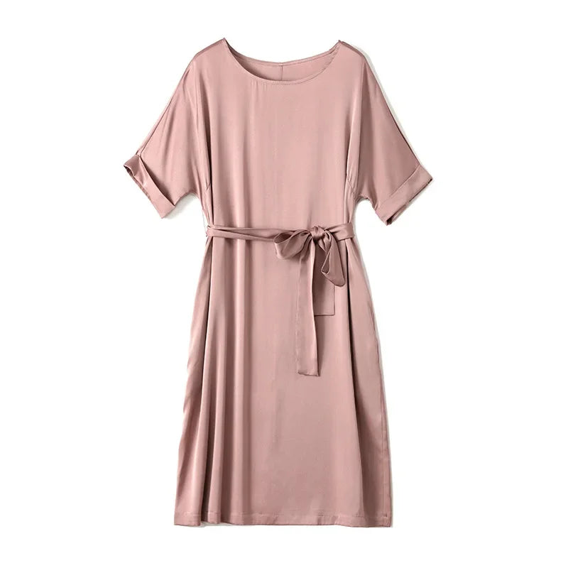 Heavy Silk Dress for Women, O-Neck, Raglan Sleeve, Loose Fit Waist, Lace Up Dress, Solid Mulberry Silk, Satin Dress, FS2308