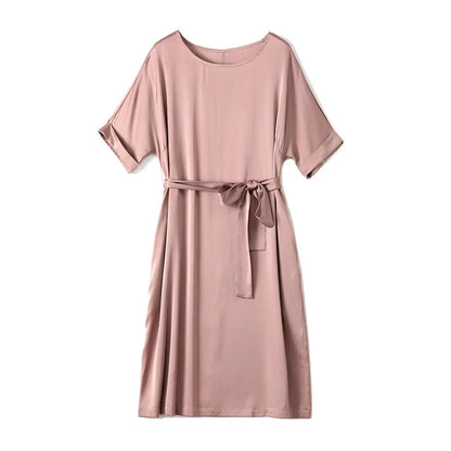 Heavy Silk Dress for Women, O-Neck, Raglan Sleeve, Loose Fit Waist, Lace Up Dress, Solid Mulberry Silk, Satin Dress, FS2308