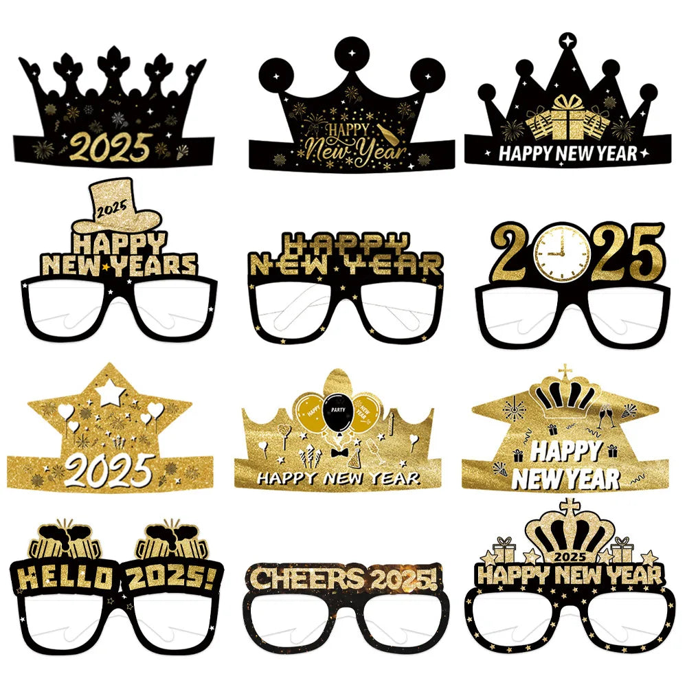 12/6pcs Happy New Year Paper Glasses 2025 Eyeglasses Frame Photo Booth Props New Year's Eve Party Decoration Christmas Supplies