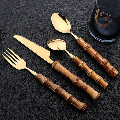 24Pcs Bamboo Tableware Sets Stainless Steel Bamboo Cutlery Set Purely Natural Handle Flatware Set Dinnerware Steak Knife Cutlery