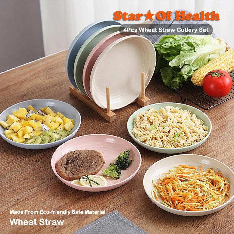 4Pcs Dinner Dishes Set Wheat Straw Plates Dinnerware Tableware Eco Friendly Sturdy Lightweight Kitchen Dishes Safe Dinner Plates