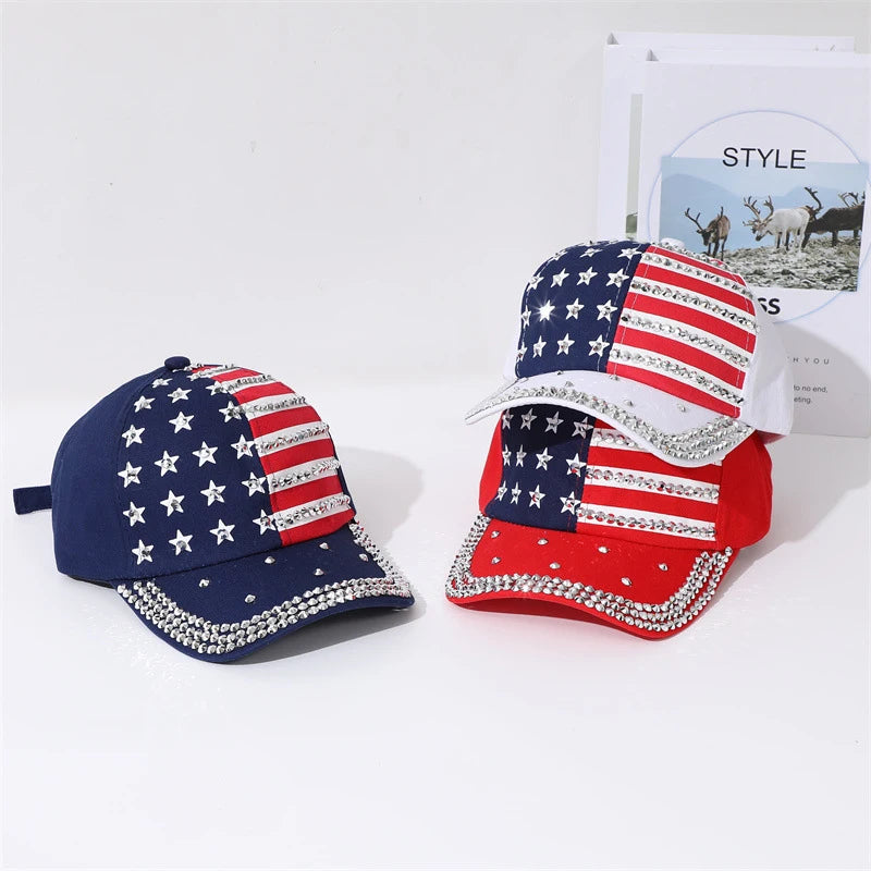 Adjustable Size 4th July Dad Hat USA American Flag Patriotic Baseball Cap Denim Distressed Rhinestone Bling Sparkle Hip Hop Hat