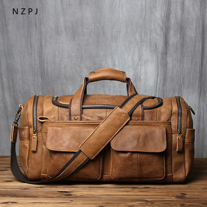 NZPJ Retro Men's Hand Luggage Bag Leather Travel Bag Top Layer Cowhide Large Capacity One Shoulder Messenger Bag Casual Laptop