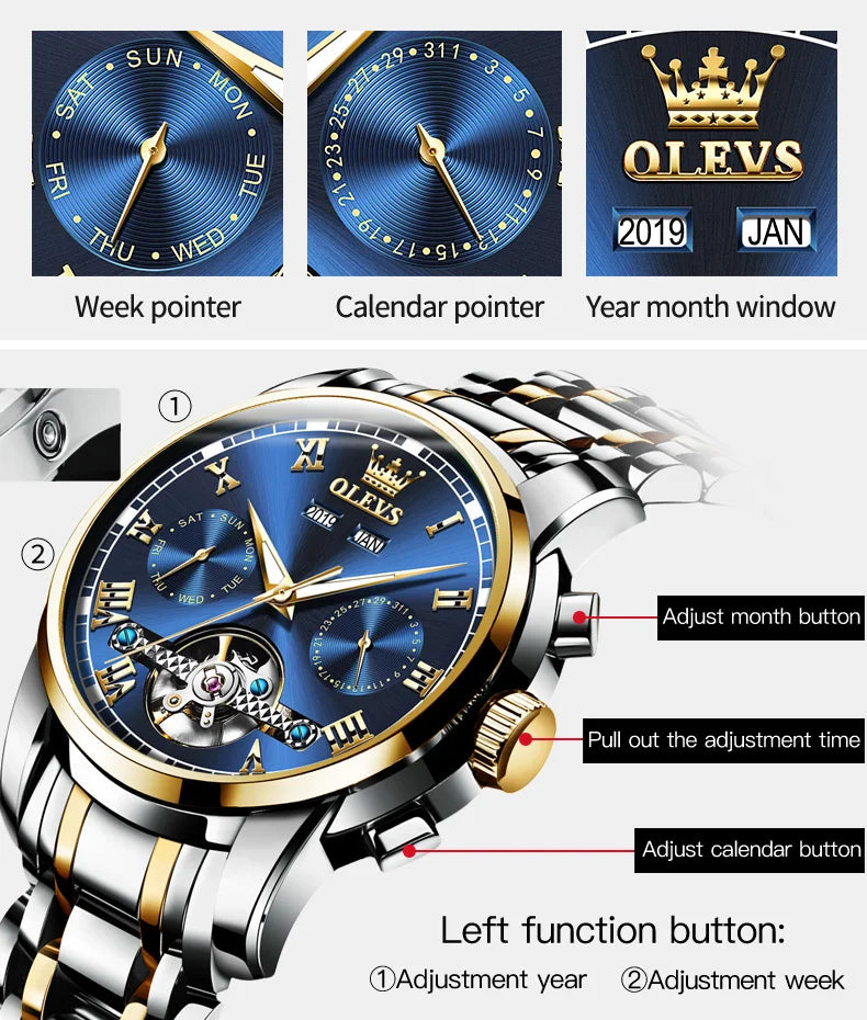 OLEVS Men's Watch Business Multi functional Waterproof Calendar Classic Watch Luxury Automatic Mechanical Skeleton Men's Watch