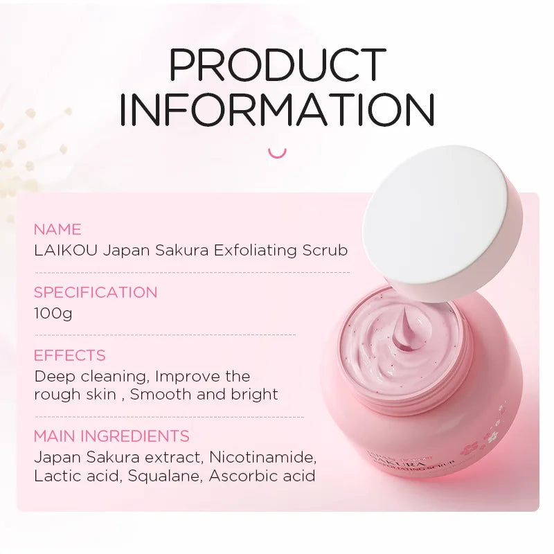 LAIKOU Sakura Peeling Exfoliating Scrub Blackhead Dead Skin Remove Soften Face Body Cleanser Pores Cleansing Gel Exfoliator 100g