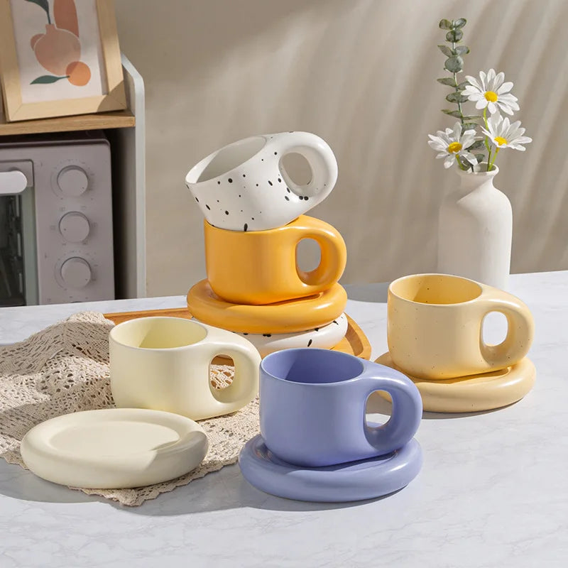 1set 400ml Ceramic Coffee Chubby Mug Saucer Set Creative Cute Fat Handle Cup With Saucer For Office And Home Room Decor