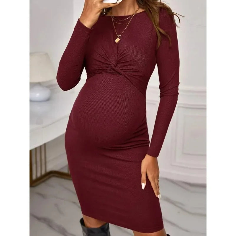 New Hot Sell Round Neck Tight Solid Color Short Maternity Dress Long Sleeve Knitted Maternity Dress