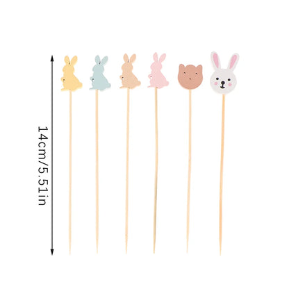 100pcs Easter Disposable Bamboo Skewers Rabbit Eggs Food Picks Fruit Fork Sandwich Buffet Stick Easter Decoration 2024 Birthday