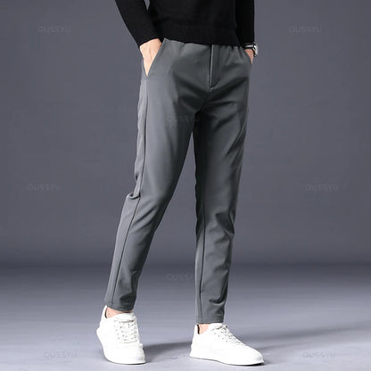 Winter Warm Men's Fleece Pants Thick Business Stretch Slim Fit Elastic Waist Jogger Korean Classic Black Gray Blue Trousers Male