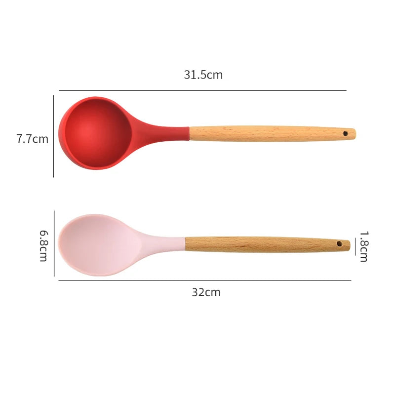 Round Silicone Wooden Handle Soup Spoon Korean Ramen Noodles Bouillon Cooking Long Ladle Japanese Kitchen Tablespoons Tableware