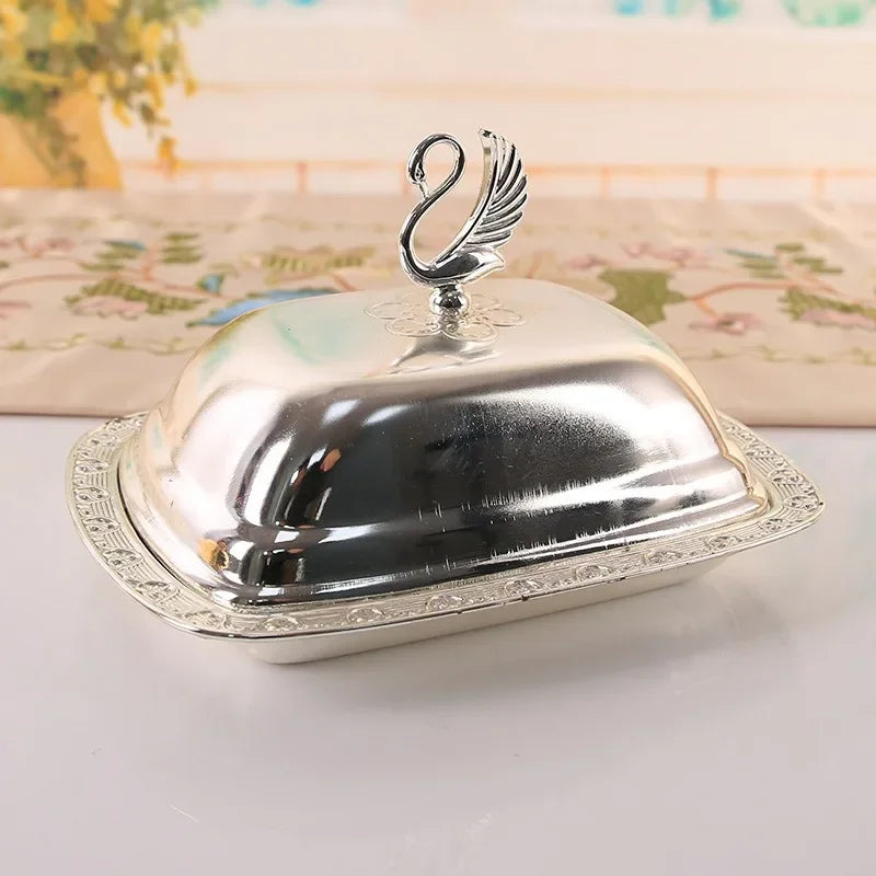 Golden/Silver Color Food Container Dustproof Food Tray with Lid Stainless Steel Butter Dish Box Serving Tray Hotel Supplies