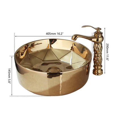 Monite Golden Plated Ceramic Round Bathroom Combine Faucet Set Lavatory Washbasin Sink Diamond Setting Mixer Faucet w/ Pop Drain