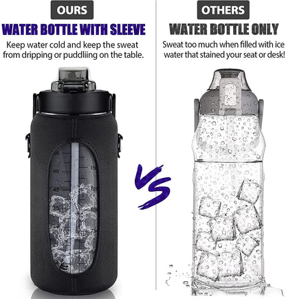 Half Gallon Water Bottle with Sleeve 64 OZ 2000ML Motivational Water Bottle with Straw & Time Marker to Drink