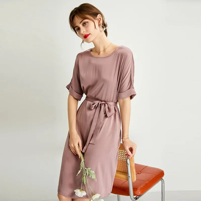 Heavy Silk Dress for Women, O-Neck, Raglan Sleeve, Loose Fit Waist, Lace Up Dress, Solid Mulberry Silk, Satin Dress, FS2308