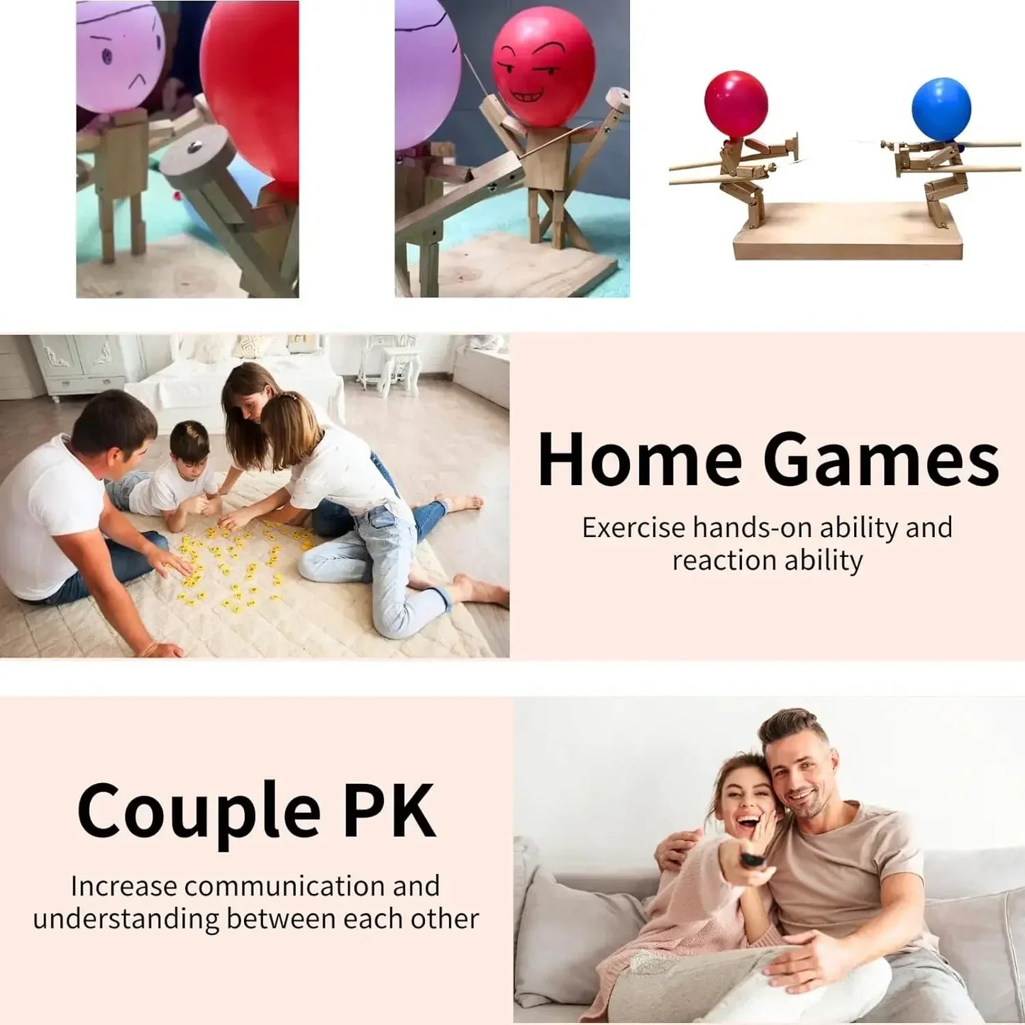 Balloon Bamboo Man Battle Wooden Robot Battle Game for Two Family Gathering Party Game Bamboo PK Puppet Set Children's Gift