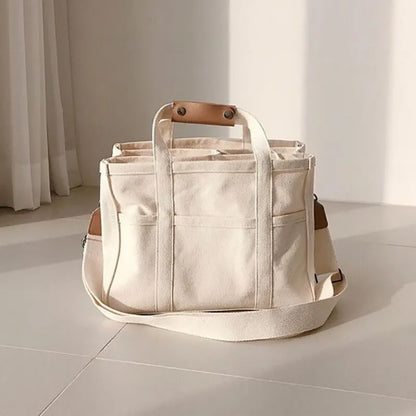 Women's Casual Canvas Handbag Multi-pocket Large Capacity Tote Bag Adjustable Shoulder Strap Casual Shoulder Shopper Bag Female