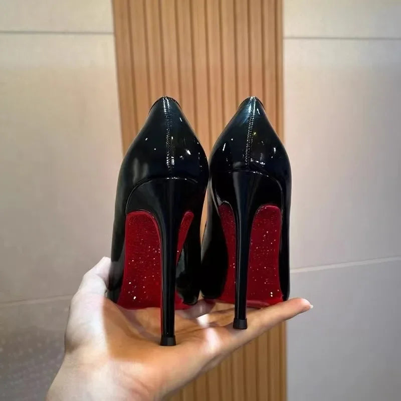 2024 Temperament Fashion Single Shoe Patent Leather Black High Heels Women's Shoes Sexy Shallow Mouth Large Size Women's Shoes