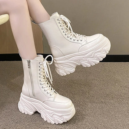 Punk Super High Platform Boots Women Chunky Heels Lace Up Motorcycle Boots Woman Black White Thick Bottom Ankle Booties Female