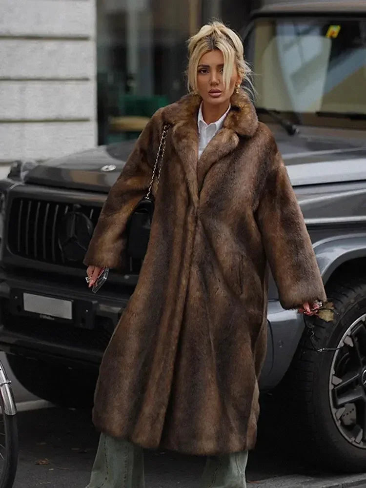 Women's Dark Brown Faux Fur Long Overcoat Single Breasted Fleece Long Trench Coat Winter Fluffy Plush Warm New Thicken Outerwear