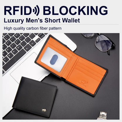 Men's Carbon Fiber Short Wallet Luxury Designer RFID Blocking Card Holder Coins Pocket Purse Gift Boyfriend Husband Father