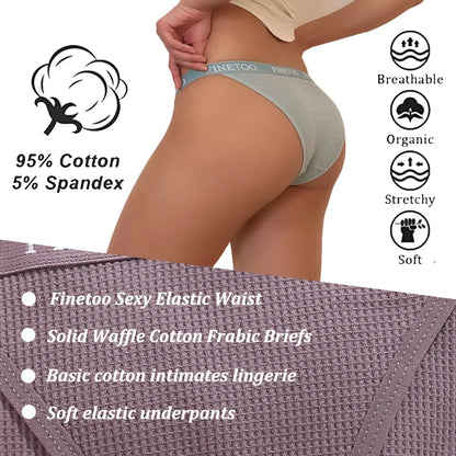 3PCS/Set Women Panties Waffle Cotton Underwear FINETOO Elasticity Sexy Low Rise Breifs Panty Soft Breathable Lingerie for Female