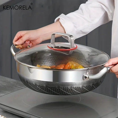 26/28/30CM Frying Pan Hot Pot Stainless Steel Non Stick Pan Honeycomb Soup Pot Bottom With Lid Induction Cooker Gas Stoves