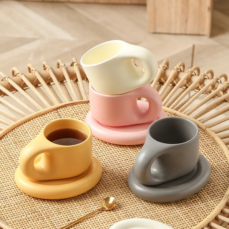 1set 400ml Ceramic Coffee Chubby Mug Saucer Set Creative Cute Fat Handle Cup With Saucer For Office And Home Room Decor