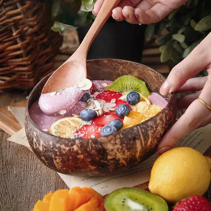 Women 12-15cm Natural Coconut Bowl Dinner Set Handmade Wooden Tableware Wood Spoon Dessert Fruit Salad Mixing Rice Ramen Bowl