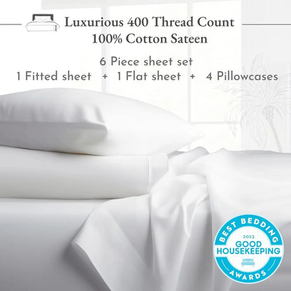 Full Sheet Set 6-Pc Queen Size Sheet Set With 4 Pillowcases - 400 Thread Count 100% Cotton Sheets Cooling Sateen Weave Sets Bed