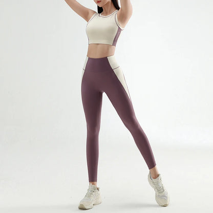 Women's color clashing quick-drying yoga clothes suit gym training clothes suit gathered undershirt lifting hip tight pants