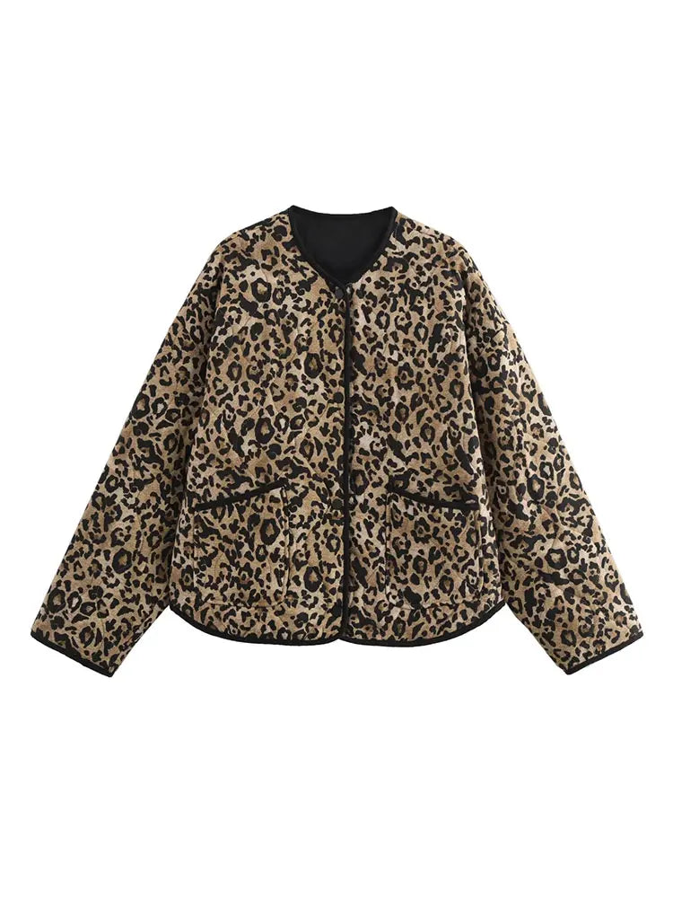 TRAF 2024 Autumn Retro Leopard Print Pockets Coats For Women Fashion Casual Long Sleeve Bomber Jacket Female Chic Outerwear