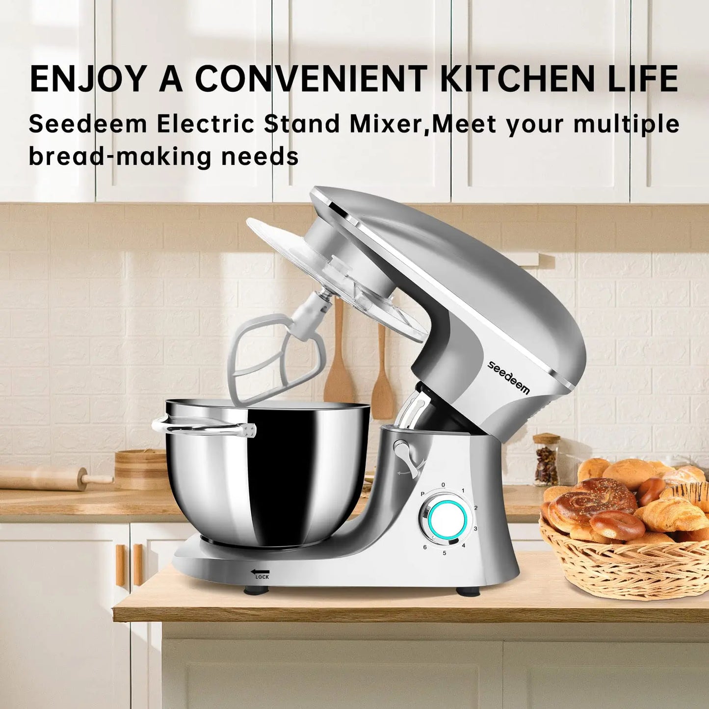 6Qt Electric Food Stand Mixer,660W,6-Speeds Tilt-Head Dough Mixers with Dishwasher-Safe Dough Hook & Wire Whip & Beater