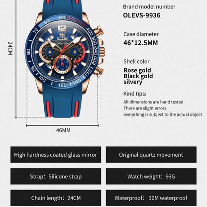 OLEVS 9936 Men's Quartz Watch Fashionable Sports Waterproof Rubber Strap Luxury Business Date Week Chronograph Watch Men's Watch