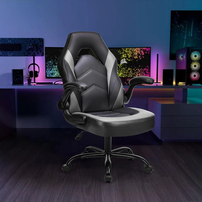 Office Desk Leather Gaming Computer Chair with Adjustable Swivel Task and Flip-up Arms, Black-Grey