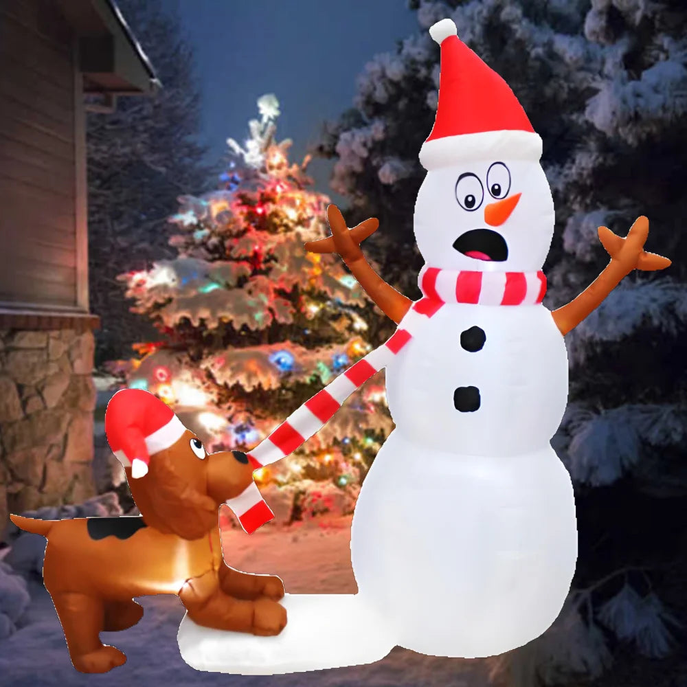 1.1M Christmas Inflatable Dog Bites Snowman Scarf Build-in LED Lights Party Decoration for Outdoor Indoor Yard Lawn Garden Decor